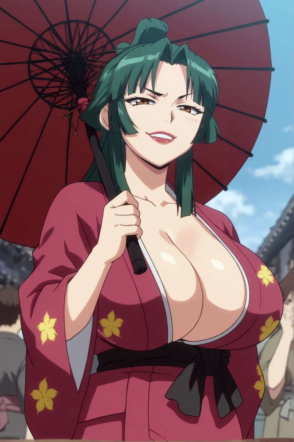 score_9, score_8_up, score_7_up,anime_source, source_anime, best background, detailed background, anime screencap,  Toyo, 1girl, huge breasts, cleavage, japanese clothes, kimono, solo, naughty face, smug, horny, umbrella, indoors,  <lora:JN_Toyo:0.8>