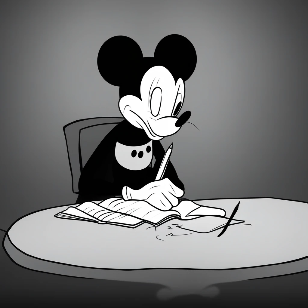 sadmouseavi, 1mouse, writing a book, on a table, monochrome, sad