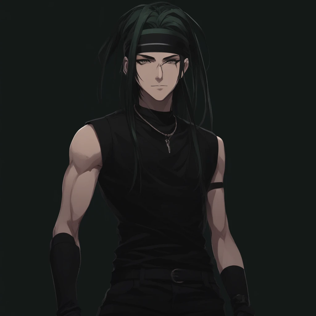 sleeveless, dark green hair, androgynous, male focus, black headband, midriff, Black Headband, fingerless gloves, simple background, headband, long hair, crop top, full body, Dark Green Hair, purple eyes