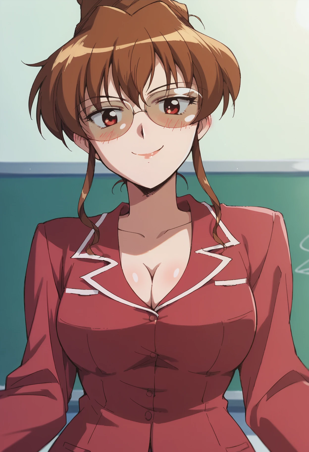 score_9, score_8_up, score_7_up,  <lora:s40r1:1> s40r1,1girl,glasses,solo,red eyes,blush,sly smile,single hair bun,teacher uniform, from below, cleavage