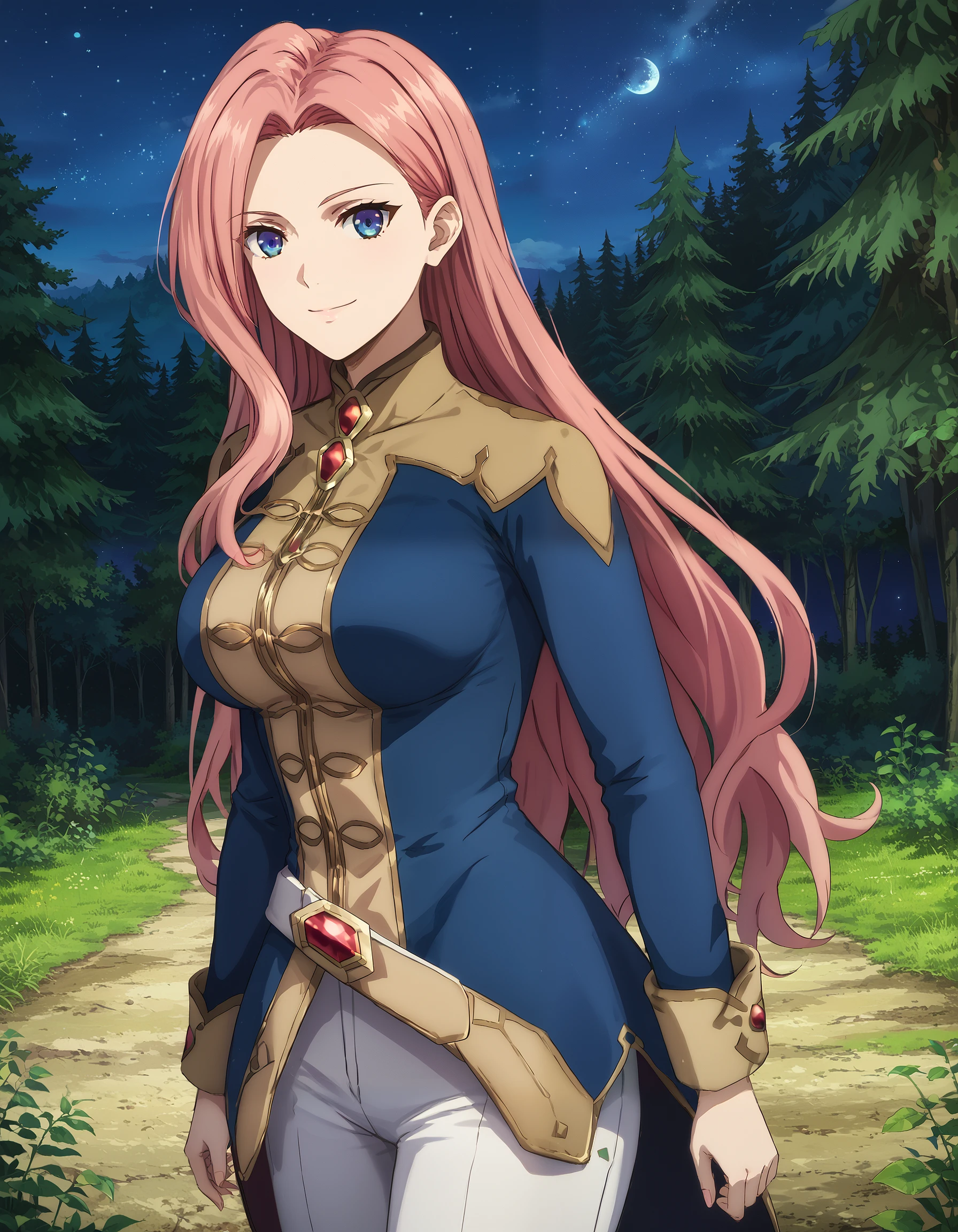 score_9, score_8_up, score_7_up, masterpiece, absurdres, source_anime, perfect anatomy,

good_hands,

1girl, solo,
EclairSeaetto, pink hair, long hair, bang, blue eyes, big breast,
uniform, two tone jacket, white pants, two tone boots, outdoors, forest, sunset, starry sky,