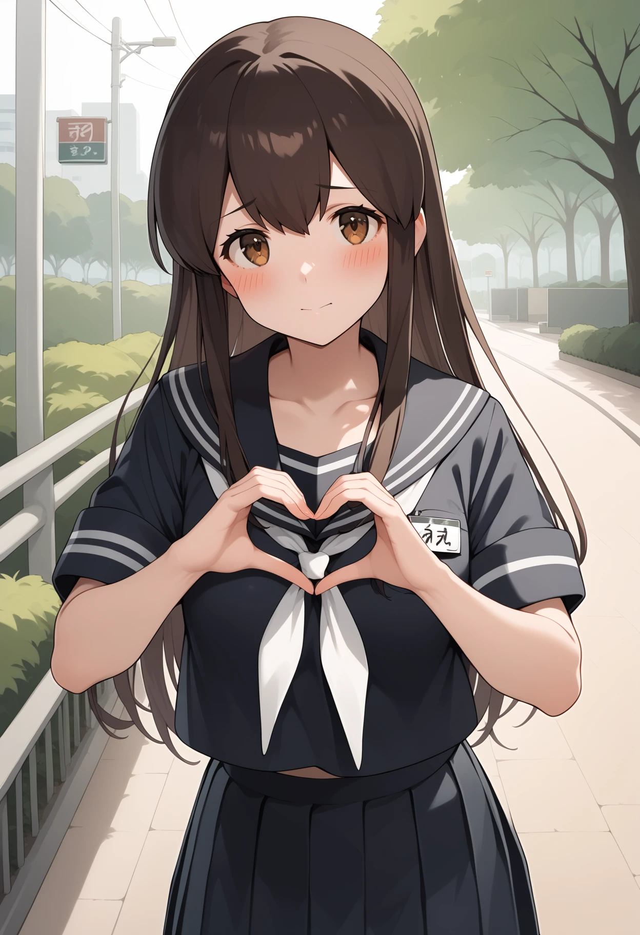 score_9, score_8_up, score_7_up, score_6_up, score_5_up, score_4_up, source_anime, aaakagi, long hair, brown hair, brown eyes, black serafuku, black sailor collar, white neckerchief, black shirt, name tag, short sleeves, pleated skirt, black skirt, <lora:akagi_(kancolle)_ponyxl_v1:0.9>, park, standing, cowboy shot, embarrassed, blush, heart hands,