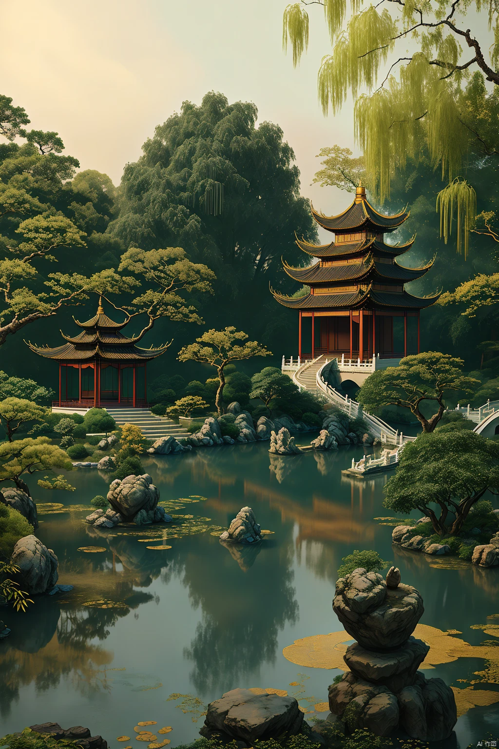 A serene Chinese-style courtyard with a tranquil lake at its center, surrounded by traditional architecture and lush greenery. The scene is framed with a wide-angle lens, capturing the intricate details of the pagodas, bridges, and stone pathways. Soft, diffused sunlight filters through the bamboo and willow trees, casting gentle reflections on the still water. The composition highlights the harmony between nature and man-made structures, with a lone scholar's rock adding a touch of classical elegance. The overall atmosphere is one of peace and contemplation, inviting the viewer to appreciate the beauty of this traditional Chinese garden.