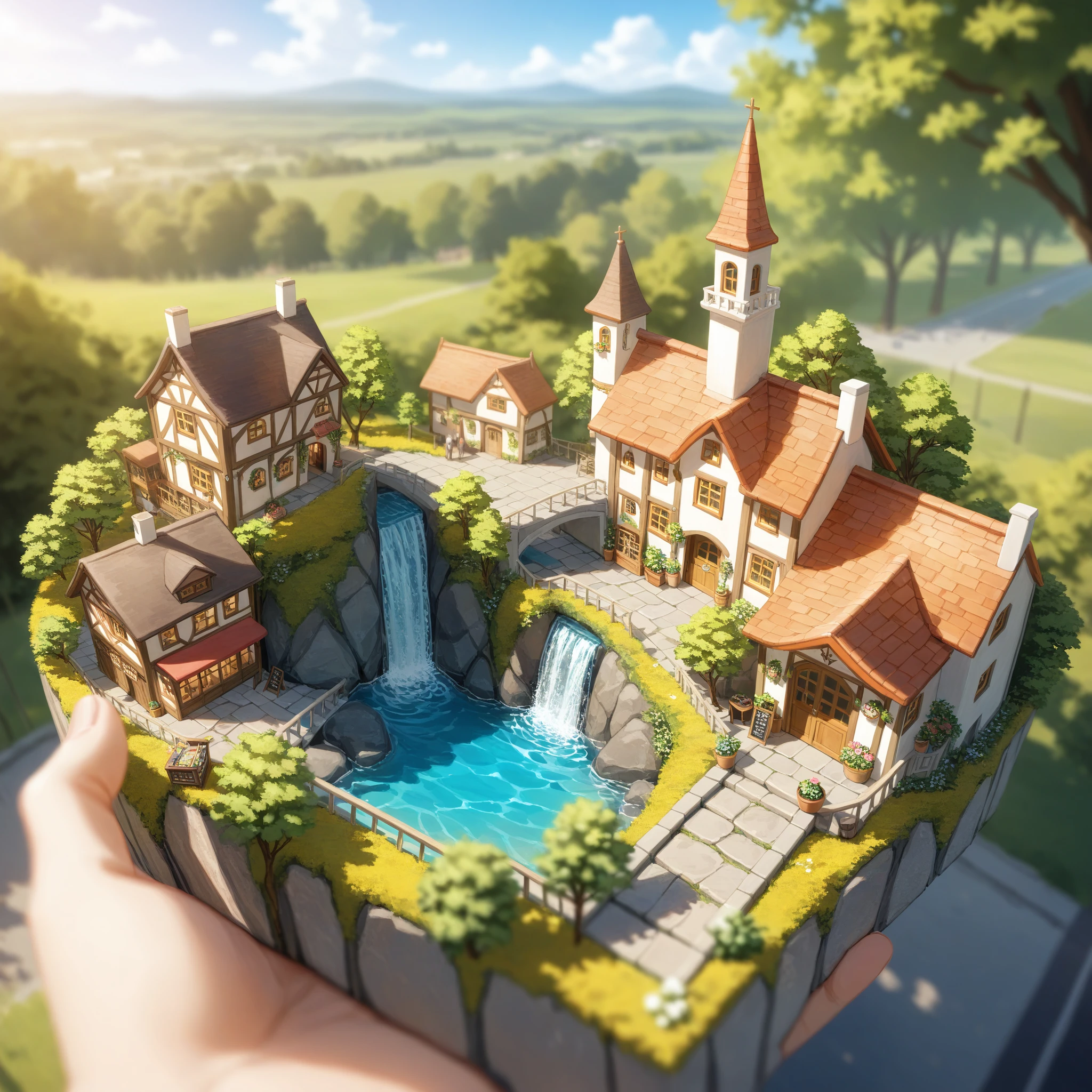 Tilt-shift photo of a0b, scenery, masterpiece, best quality, <lora:Ayuli2424PDXL32v0.92tx1-000009:0.84>, Selective focus, miniature effect, blurred background, highly detailed, vibrant, perspective control