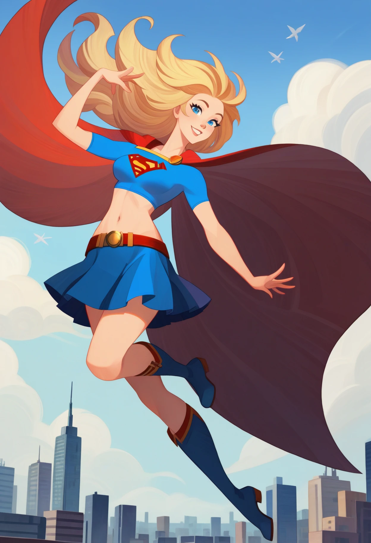 score_9, score_8_up, score_7_up, score_6_up, source_cartoon,
1girl, supergirl, solo, long hair, breasts, looking at viewer, smile, blue eyes, skirt, windblown blonde hair, navel, medium breasts, full body, boots, sky, midriff, belt, miniskirt, cape, crop top, flying over a city, red cape
<lora:afkArenaStylePony:1> afkArenaStyle