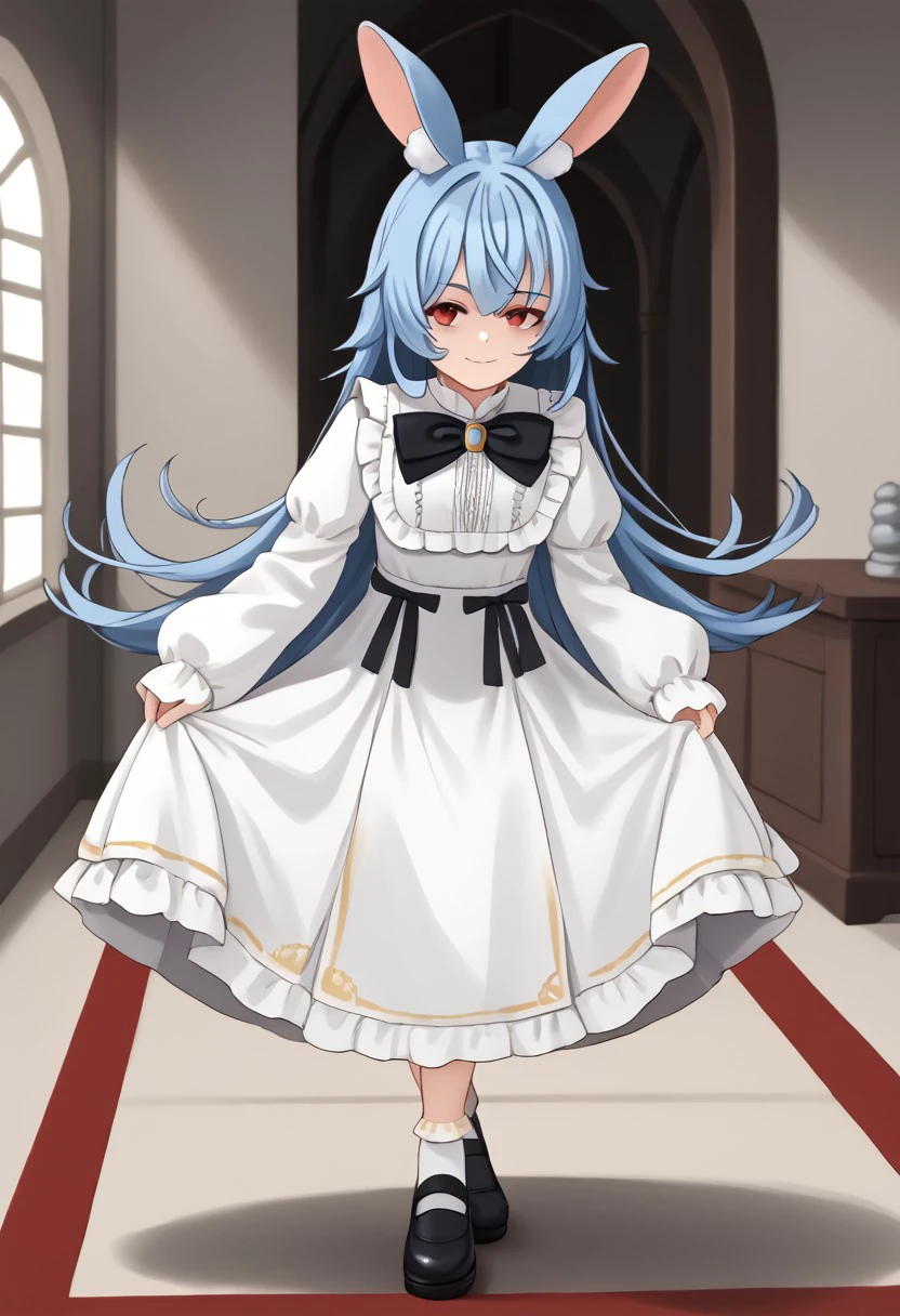 1girl, solo, Nanobites, animal ears, long hair, blue hair, rabbit ears, animal ear fluff, red eyes, bangs, very long hair, 
bow, dress, white dress, black bow, long sleeves, frills, sleeves past wrists, puffy sleeves,
indoors, red carpet, shoes, socks, black footwear,
skirt hold bowing, crossed legs, leaning forward, looking at viewer, smile, closed mouth,