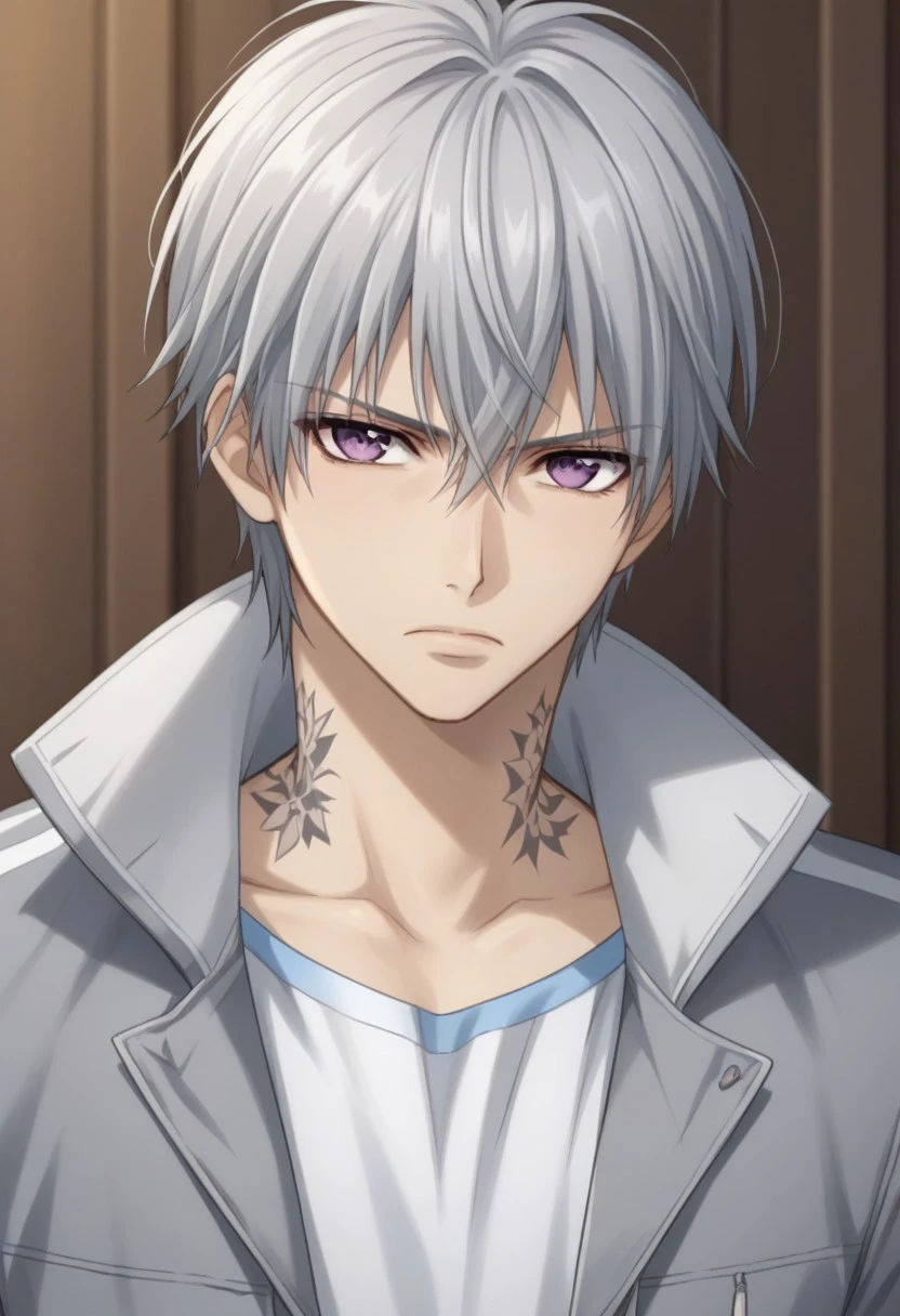 score_9, score_8_up, score_7_up, source_anime, highly detailed, 
ZeroKiryu, 1boy, solo, male focus, upper body, grey hair, standing, looking at viewer, purple eyes, tattoo, neck tattoo, shirt, white shirt, jacket, grey jacket, open jacket, track jacket,
indoor, frown,