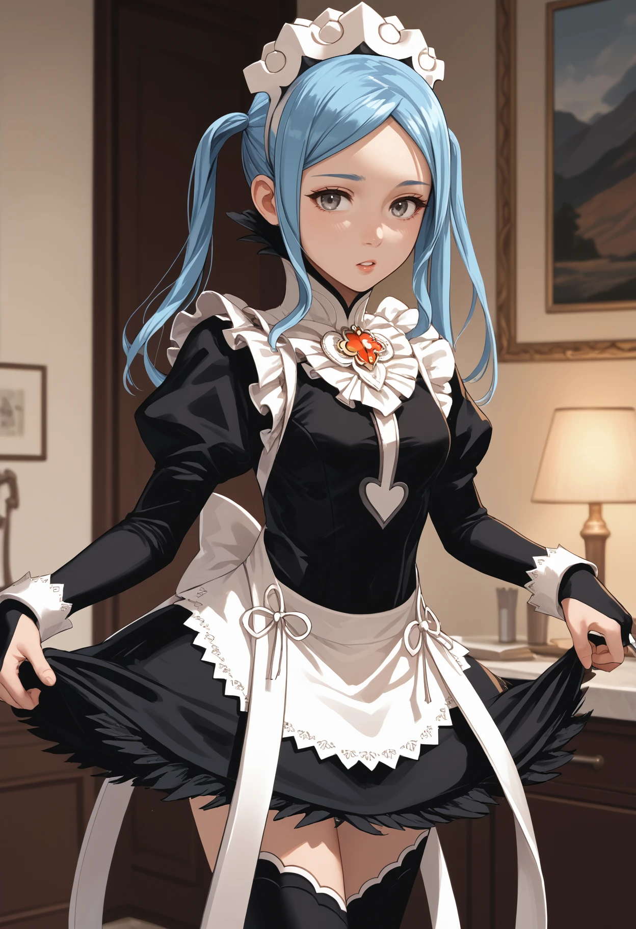 score_9, score_8_up, score_7_up, source_anime BREAK 1girl, solo, <lora:flora-fe-richy-v1_pdxl:1> flradf, grey eyes, blue hair, long hair, twintails, maid headdress, black feathered collar, red brooch, breasts, juliet sleeves, maid apron, bridal gauntlets, black thighhighs, thighs, looking at viewer, parted lips, adjusting clothes