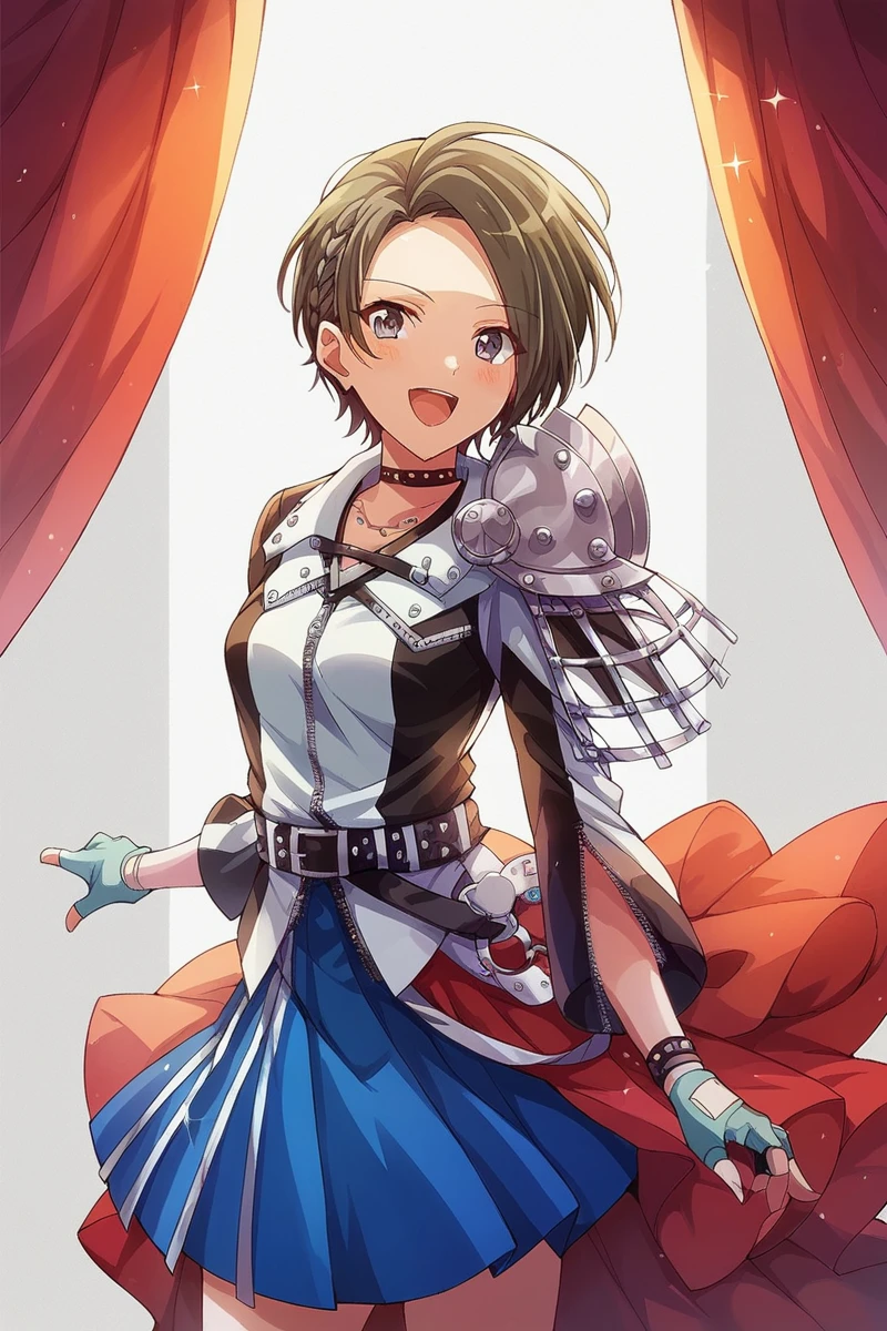 score_9, score_8_up, score_7_up, score_6_up, 1girl,
 <lora:Suzu_Minase:0.9> suzu, short hair, blue skirt, fingerless gloves, stage outfit, color lights, red curtain, stage,