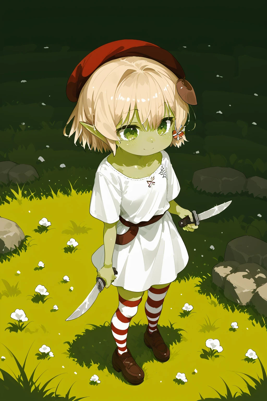 wasabi,yellow hair,green eyes,green skin,colored skin,pointy ears,goblin girls,red hat,white shirt,white dress,holding knife,1girl,solo,short hair,full body,striped thighhighs,brown shoes,standing,grass,smile,<lora:wasabi-XL:1>,