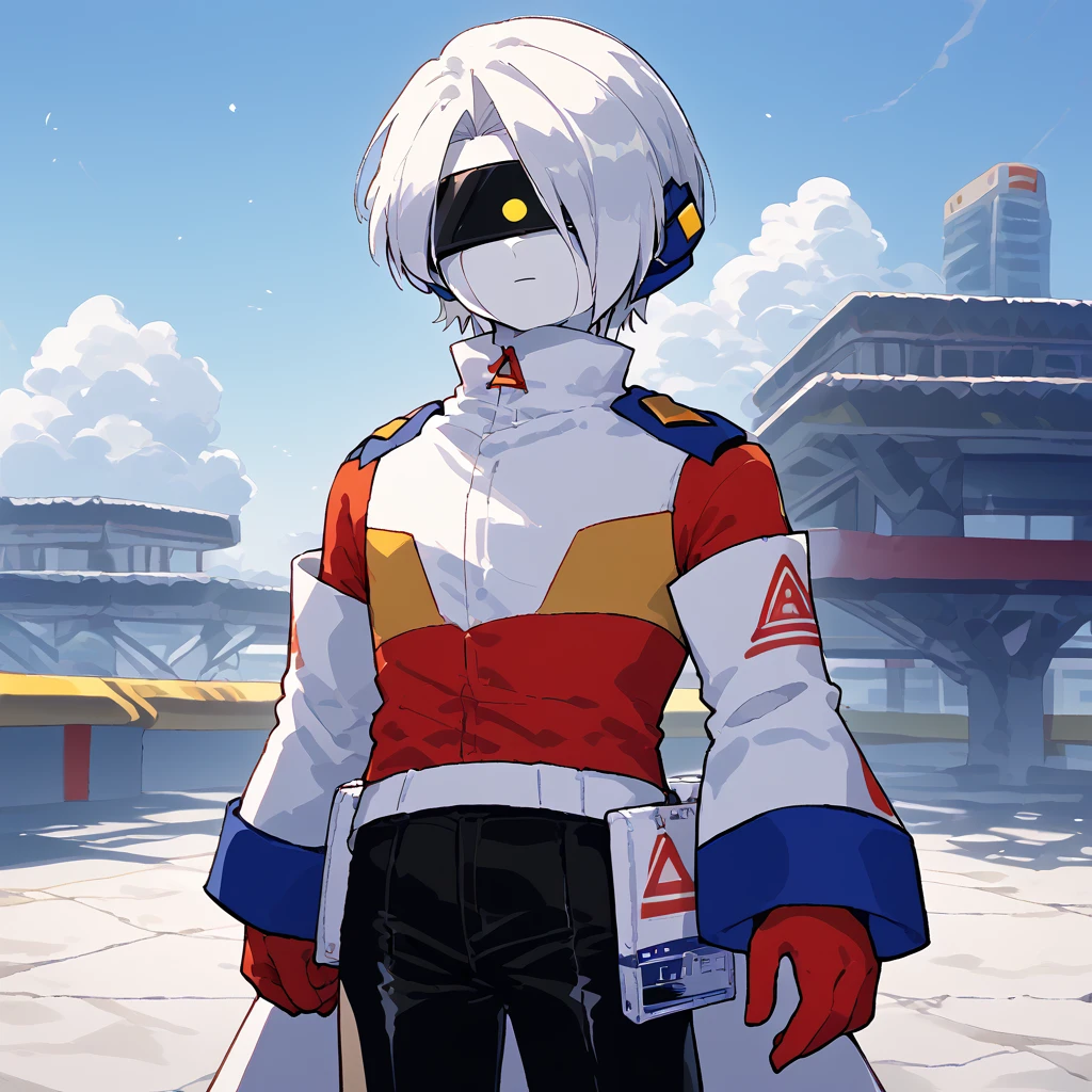 score_9, 1boy, solo, cowboy shot
 <lora:hrhgijinka:1> hrhgijinka, white hair, short hair, android, hair over one eye, black visor, yellow eyes, white skin, colored skin, gloves, red gloves, white jacket, long sleeves, black pants