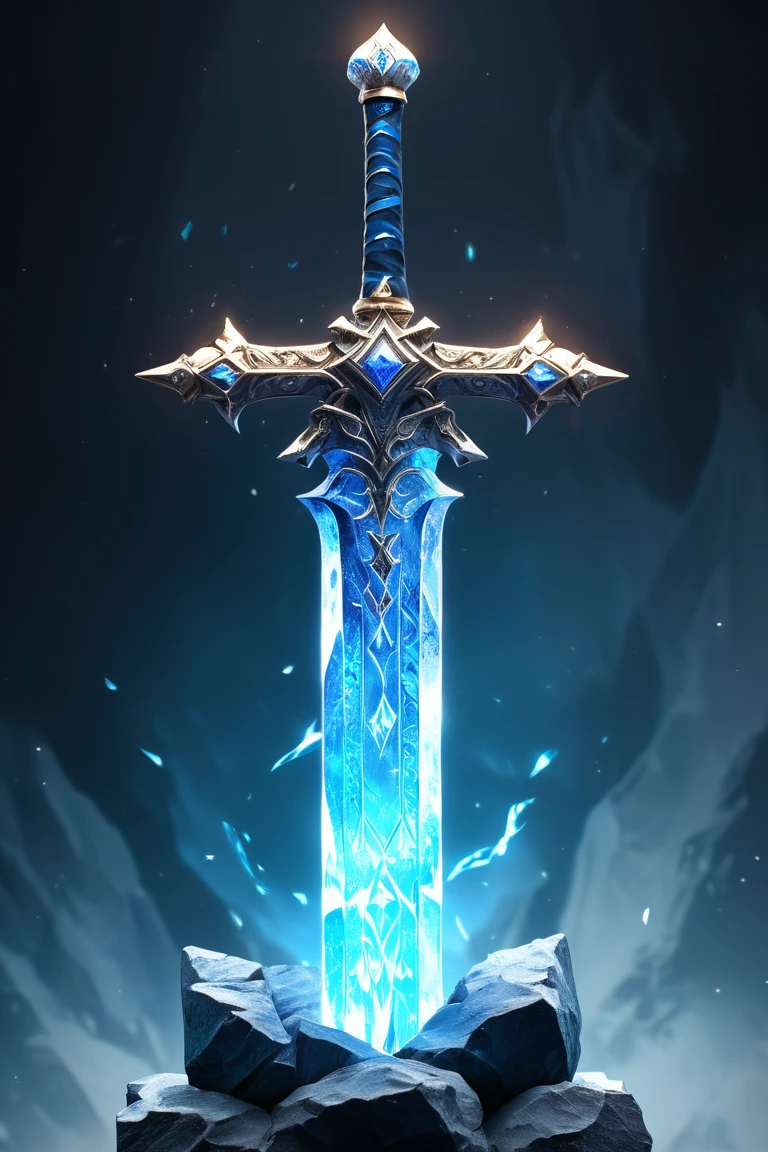 Cinematic shot of a magical blue sword with glowing runes and crystals on the hilt, floating above an enchanted stone pedestal. The background is dark but illuminated by ethereal light, creating an atmosphere of fantasy and magic. SwordDisplay, HD, masterpiece, best quality, hyper detailed, ultra detailed, super realistic