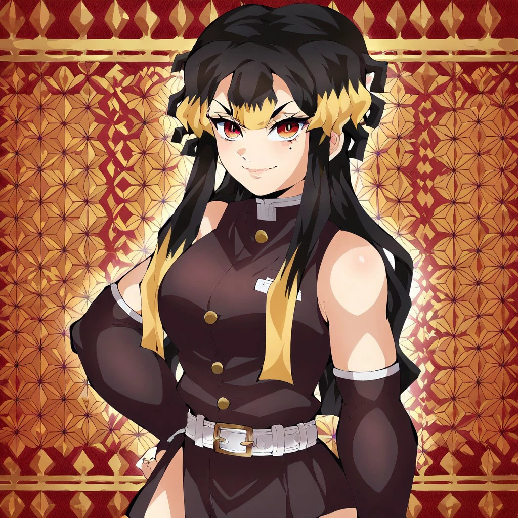 score_9, score_8_up, score_7_up, <lora:Aiko_Hayashi:1>, demon slayer uniform, 1girl, solo, mole under eye, multicolored hair, mole, black hair, blonde hair, looking at viewer, red eyes, belt, white belt, breasts, smile, detached sleeves, bare shoulders, sidelocks, long hair, two-tone hair, closed mouth, upper body, hand on own hip, japanese clothes, medium breasts, long sleeves, sleeveless, genderswap, belt buckle, buttons, jacket, character name