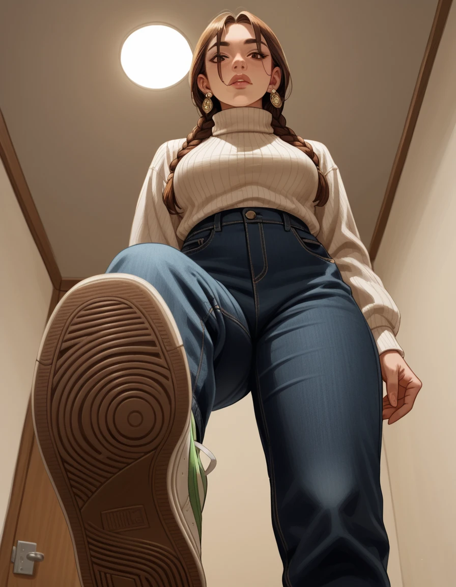 score_9, score_8_up, score_7_up, score_6_up, score_5_up, score_4_up, 1girl,  solo, Turtleneck sweater, wide-leg pants, Visionary, Short, Firm, Oval Face, Olive Skin, Chestnut Hair, brown Eyes, Narrow Nose, Thin Lips, Prominent Chin, Long Hair, Fine Hair, D...