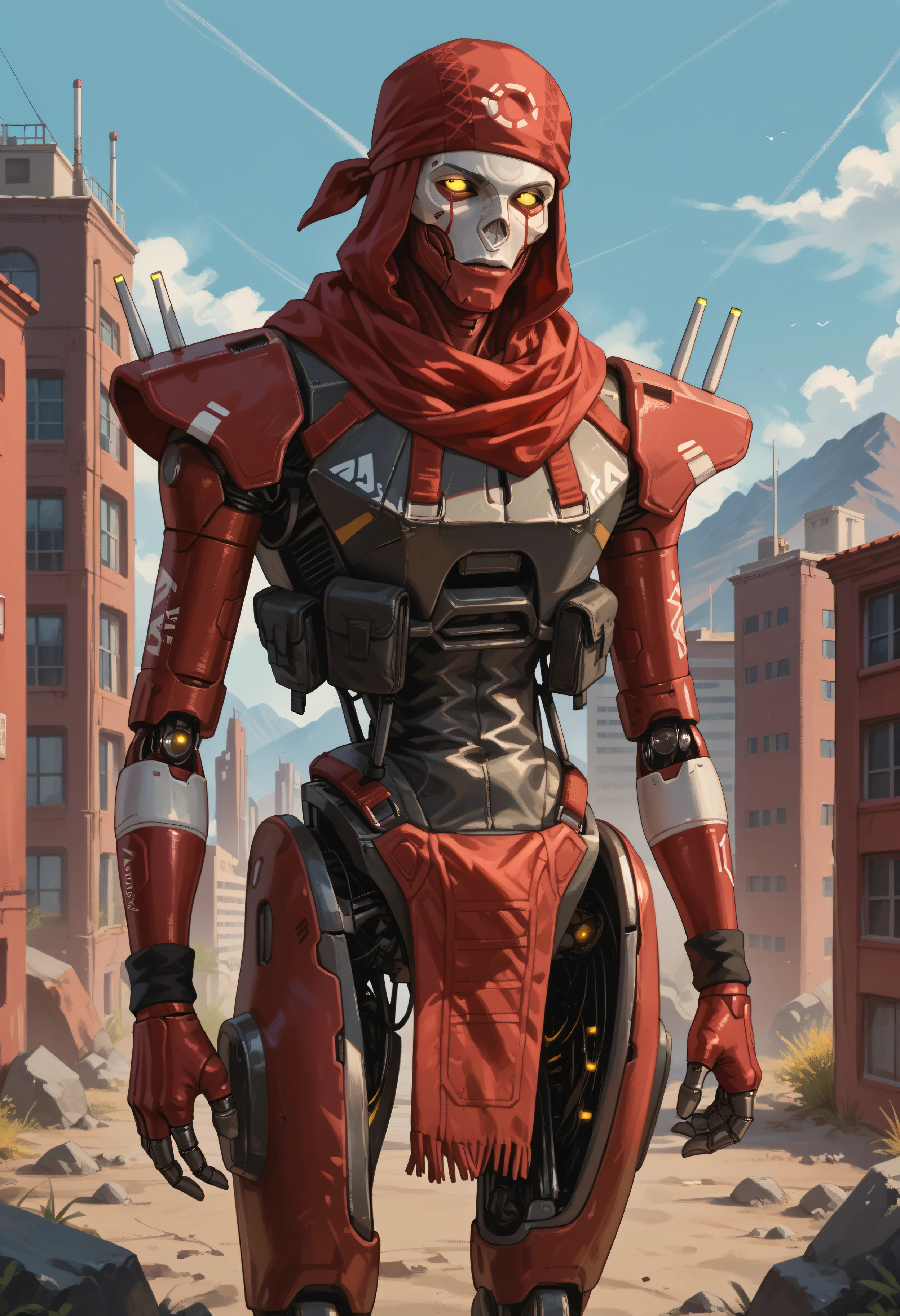 score_9, score_8_up, score_7_up, score_6_up, score_5_up, score_4_up, BREAK,  revenantpdxl, humanoid robot, red bandana, robot, 1boy, solo, red scarf, yellow eyes, cowboy shot, cyberpunk background, buildings, mountains <lora:Revenant:0.7>