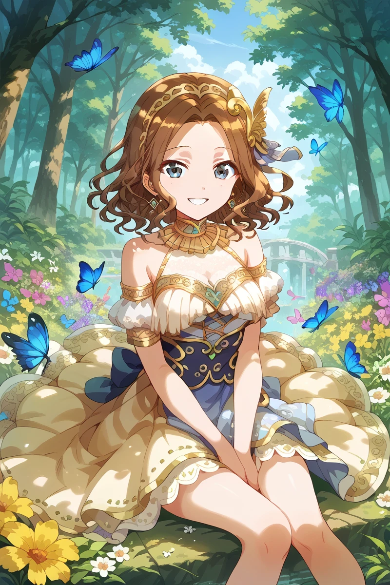 score_9, score_8_up, score_7_up, score_6_up, 1girl,
 <lora:Hisame_Honami:0.9> hisame, flower, jewelry, butterfly, bug, solo, dress, blue eyes, tree, smile, earrings, hair ornament, brown hair, outdoors, sitting, erda