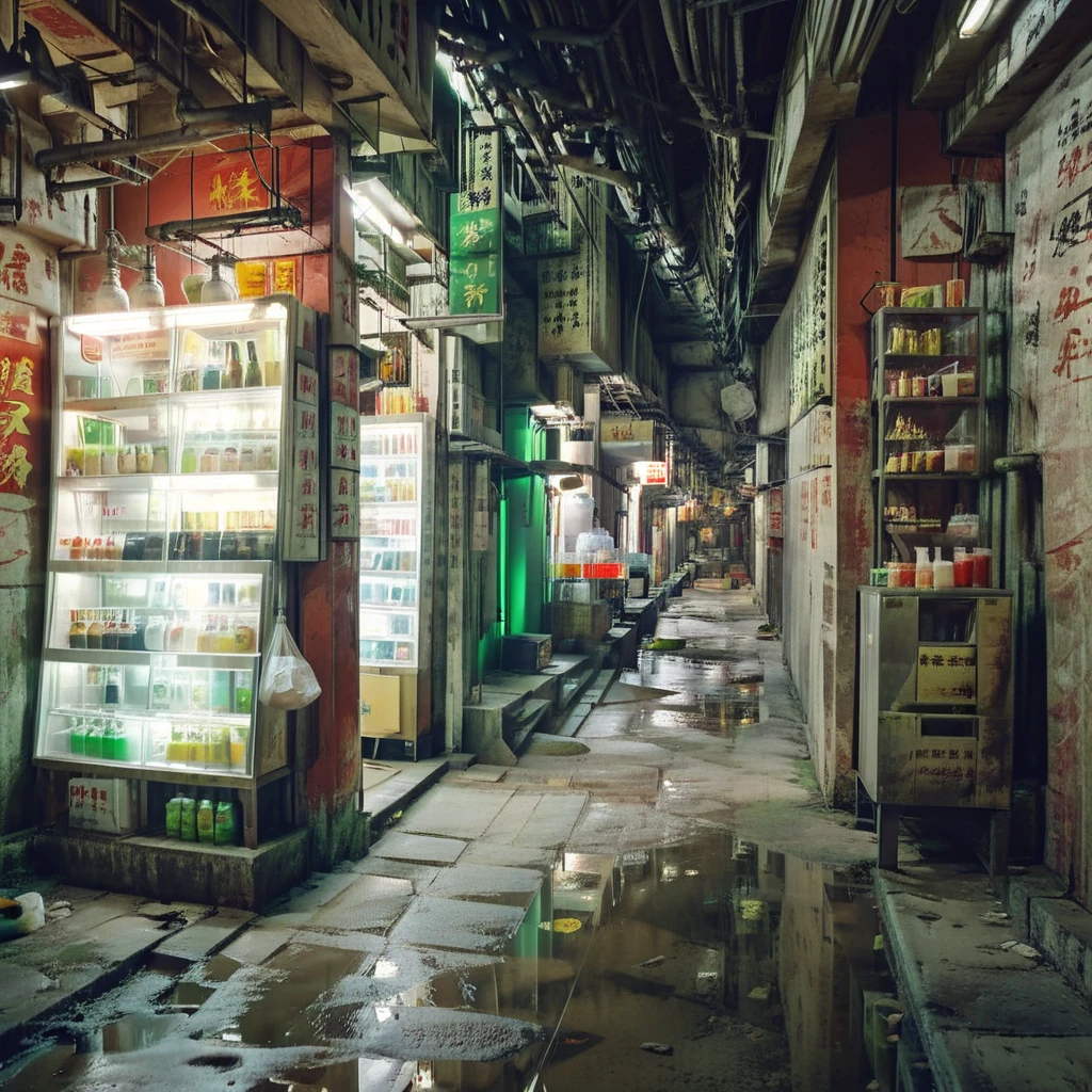 realistic,8k,photo,film grain,shadow,perspective,no humans,scenery,
(in room:1.2),(shop:1.2),food,showcase,red wall,kowloon city,puddle,concrete,[industrial pipe:0.1],text poster,bare light bulb,scattered empty bottles, green theme,dark background
<lora:Kowloon_City:1>