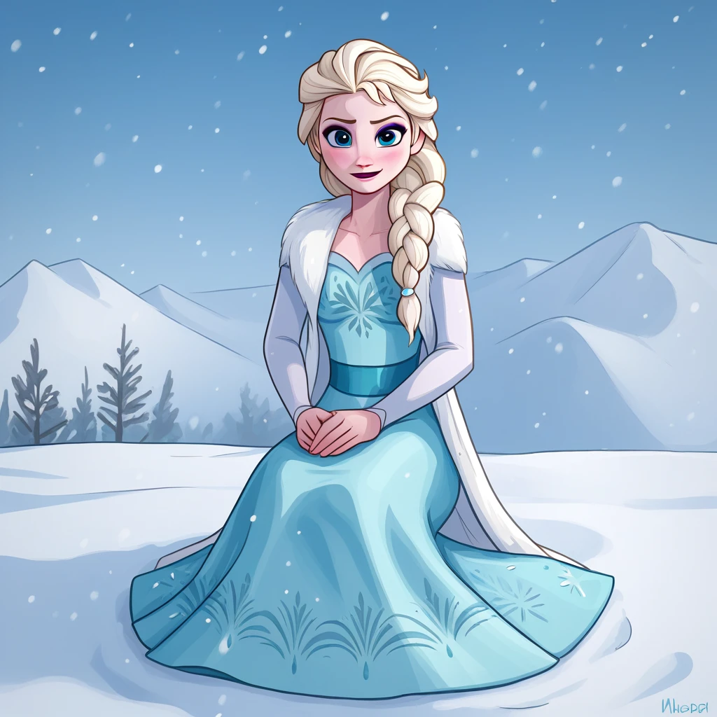 score_9_up, BREAK, Elsa,1girl, solo, blonde hair, braid, single braid, blue eyes, makeup, hair over shoulder, white dress, long sleeves, full body,  <lora:Elsa_Frozen_PXL_Leaf1:1>, looking at viewer, snow, outdoors, sitting,