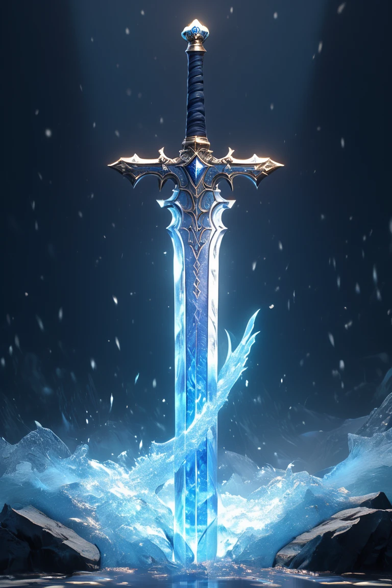 A majestic sword with an ice-like blade, surrounded by swirling water and light effects. The scene is illuminated in blue tones, creating a mystical atmosphere. This powerful weapon stands tall against the backdrop of darkness, exuding strength and elegance. The artwork is in the style of cinematic style using an unreal engine. SwordDisplay, HD, masterpiece, best quality, hyper detailed, ultra detailed, super realistic