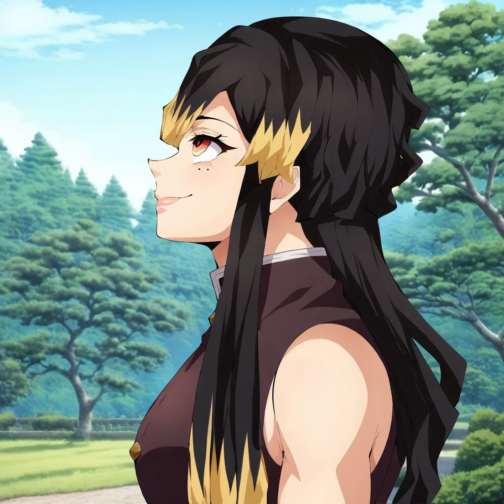 score_9, score_8_up, score_7_up, <lora:Aiko_Hayashi:1>, 1girl, mole under eye, mole, demon slayer uniform, solo, multicolored hair, blonde hair, black hair, tree, outdoors, long hair, smile, sleeveless, upper body, day, from side, profile, breasts, closed mouth, two-tone hair, blurry, blurry background, red eyes, bare shoulders, streaked hair, sky, jacket, yellow eyes, looking up, sidelocks, medium breasts, photo background, colour anime, style anime, lips, shirt, buttons, blue sky, eyelashes, nature