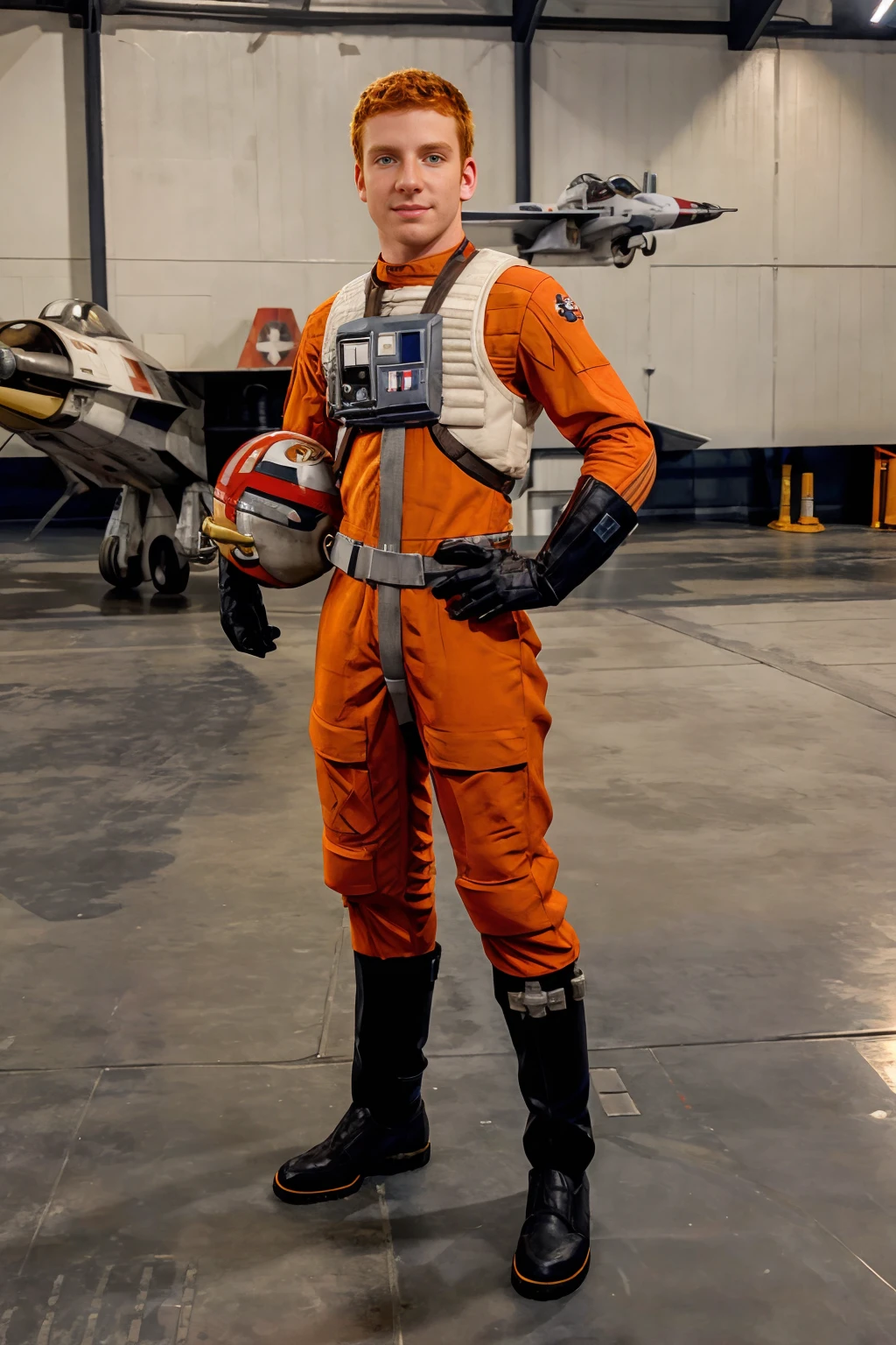 Star Wars, hangar of rebel base, standing in front of X-Wing fighter, ginger hair, SebastianKeys, rebel pilot suit, slight smile, holding helmet, (((full body portrait))), wide angle, <lora:SebastianKeys:0.8>  <lora:RPSV3:0.55>