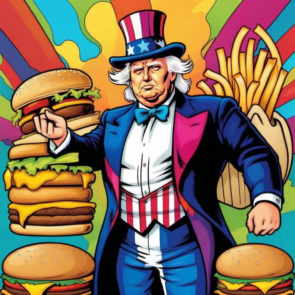 Pop Art style full body portrait of fat donald trump, top hat, white hair, ((facial hair)),  usa, hamburger, french fries <lora:OncleSam:0.8>  . Bright colors, bold outlines, popular culture themes, ironic or kitsch