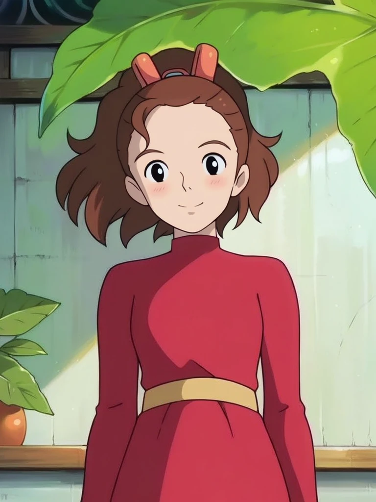 score_9, score_8_up, score_7_up, source_anime, 1girl, big leaf, vegetation, girl under leaf, looking at viewer, smile, blush, cowboy shot, (dynamic pose:1.1), cute, room, heroic pose, dynamic angle, dutch angle, 
<lora:ArriettyXLP_Character-10fp16:1>, ArriettyXLP, anime screencap, ponytail, black hair, red dress, brown hair, long sleeves, solo, detailed background,