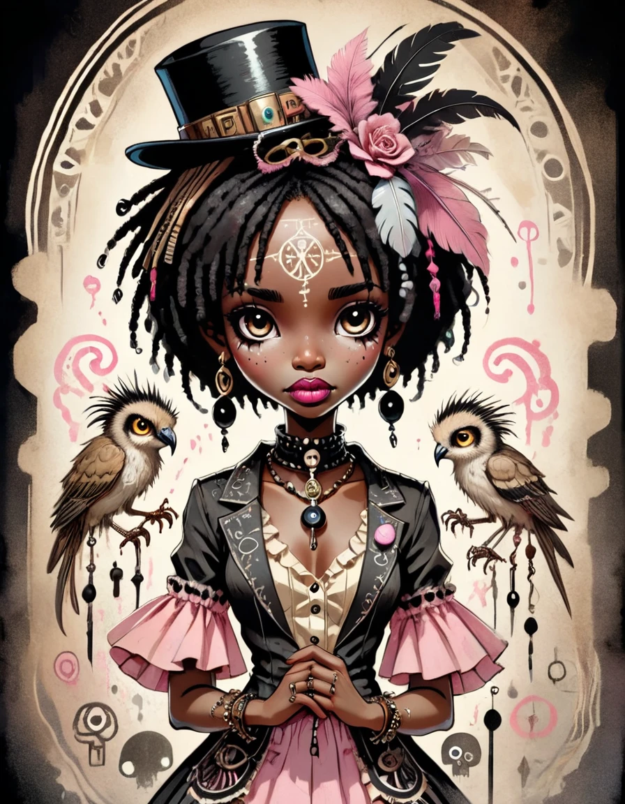 Anime, Cameroonian (ral-vudu:1.3) reimagined as a Pulp Fiction movie character, wearing Black and Beige garb tailored by Phoebe English, her Pink and Gray garb is ruffled, fauna, cartoon art, (art by Brian Kesinger:1.3) , Conrad Roset, Character illustration, whimsical and charming characters, nostalgic themes, blend of steampunk and fantasy, watercolor, blank background, surrealism, mixed with natural elements, beautiful, <lora:ral-vudu-sdxl-000006:1>, set logical ambient background, highly color focused, epic, exquisite color, beautiful detailed supreme quality color intricate