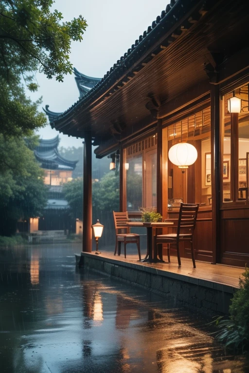 ltra-detailed,highly detailed,best quality,masterpiece,illustration, drawing, realistic, photorealistic,
rainy day, yanyujiangnan, rain, scenery, no humans, east asian architecture, lantern, table, tree, architecture, outdoors, plant, chair, paper lantern, building, sky, night, bush, blurry, reflection, water drop, lamp, window, water, depth of field, wooden chair, nature, restaurant, bench, wooden table, wooden floor, light, house, stool, flower, artist name, pavement, grass, blurry foreground, cup, forest, potted plant, cafe, day,
 <lora:rainy day_v1_01:0.6>