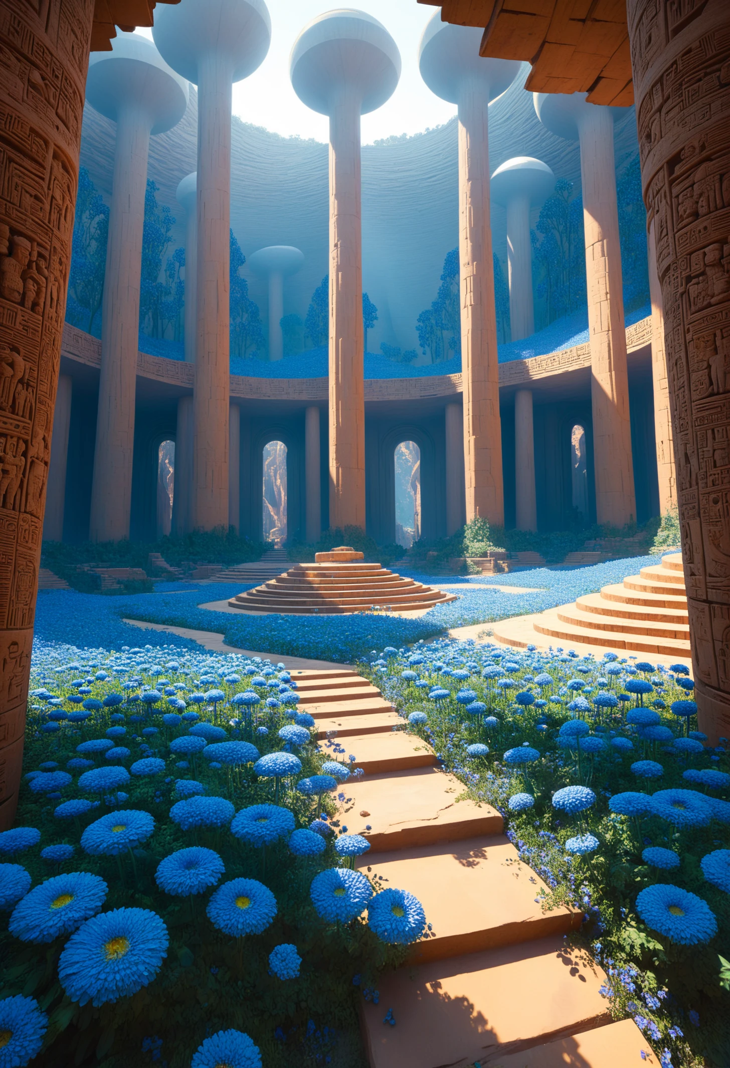 A grand, large-scale environment, constructivist style. The scene features colossal structures with intricate, geometric designs carved into their surfaces. The foreground is filled with vibrant, blue flowers that contrast against the warm tones of the rocky terrain. Light streams through openings in the architecture, casting dramatic shadows and highlighting the details of the carvings. The overall composition is balanced, with a sense of depth and scale that draws the viewer into the scene. The color palette includes shades of sandstone, azure, and lush greenery, creating a visually striking and immersive environment. Geometric shapes, bold colors, dynamic composition, propaganda art style<lora:DetailMaximizer:1>