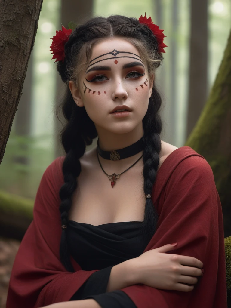 <lora:05ClassicalArt_Hap_XL1>, William-Adolphe Bouguereau style,  (intimate character design, cultist girl, curvy figure), modern-style colour illustration, bold & powerful, lifelike art, cultist girl, black.brown/red robes, ((luscious fabric)), detailed setting, sitting in a woodland grove, exploring the surroundings, deep and colourful background, dark and moody lighting, light hair but dark eyebrows, half-obscured face, ritualistic facepaint and bodypaint, tattoos, e-girl makeup, black choker, flirting, teasing, different poses, inset reaction shot, rich & seductive, freckles, reaction frame, erotic aestheticsï¼