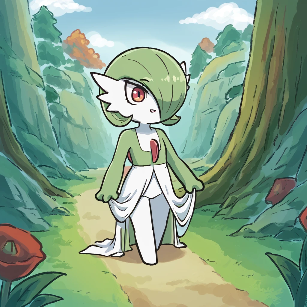 score_9, score_8_up, score_7_up, BREAK, scenery, outdoors, forest, sky, chibi, 1girl, solo, Gardevoir<lora:EMS-442203-EMS:1.000000>