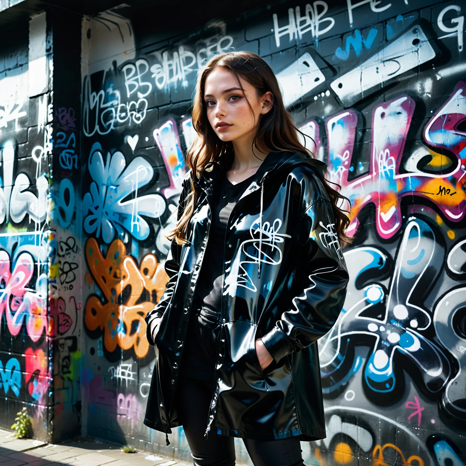 ((background and fashion made of reij-blckprlglss <lora:blackpearlglassSDXL-000009:1> )), oversizes shirt painted with graffiti street art fashion style, black long leather coat with hoodie, , , upper body,, posing cheekily, (((masterpiece))) , (((best quality))) , 2d, (adorable 1girl, solo:1.3), posing cheekily in front of a graffiti wall, 1woman, soft freckles, long hair, open hair