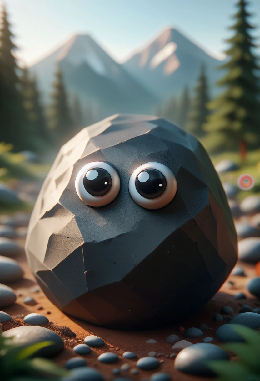 score_9, score_8_up, score_7_up, score_6_up, score_5_up, score_4_up, (r4r3style, low poly, googly eyes:1.3), boulder, mountain background, blurred background,