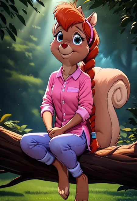 score_9, score_8_up, score_7_up, (best quality:1.1), ultra-detailed, great quality, anthro, high resolution, (((8k))), 1girl, squirrel, squirrel girl, day time, squirrel ears, shy smile, front view, Tammy Squirrel, natural light, detailed sun rays, summer, braided hair, daytime, looking at viewer, BREAK., highly detailed background, (forest:1,4),  sitting on tree brunch, holding upper tree brunch by hands, detailed squirrel legs, detailed barefoot, pink shirt, blue pants, highly detailed face, (very detailed face:1.4), fluffy fur