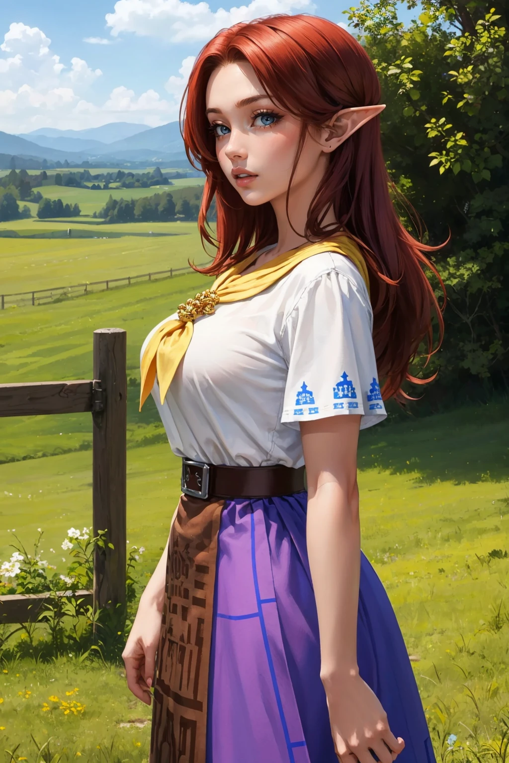 masterpiece, best quality, 1girl, solo  <lora:cremia-nvwls-v1-000009:0.9> cremia, red hair, pointy ears, white shirt, yellow neckerchief, short sleeves, belt, purple skirt, long skirt, brown apron, breasts, standing, from side, looking at viewer, fence, field, blue sky, parted lips