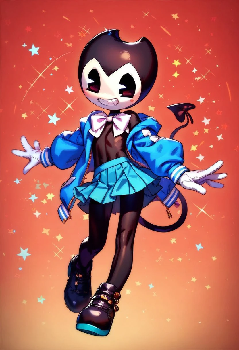 score_9, score_8_up, score_7_up ,score_9, score_8_up, score_7_up, source_cartoon,
( Bendy wearing a skirt and dancing), small male, cute, smiling, showing teeth, white face, pie cut eyes, black skin, bowtie, oversized jacket, white glove, black shoe, short skirt, demon tail, thick thigh, thigh high, stage background,
 <lora:StS_detail_slider_v1:2>
kawakami_rokkaku:0.5,<lora:Urushima:0.5>,