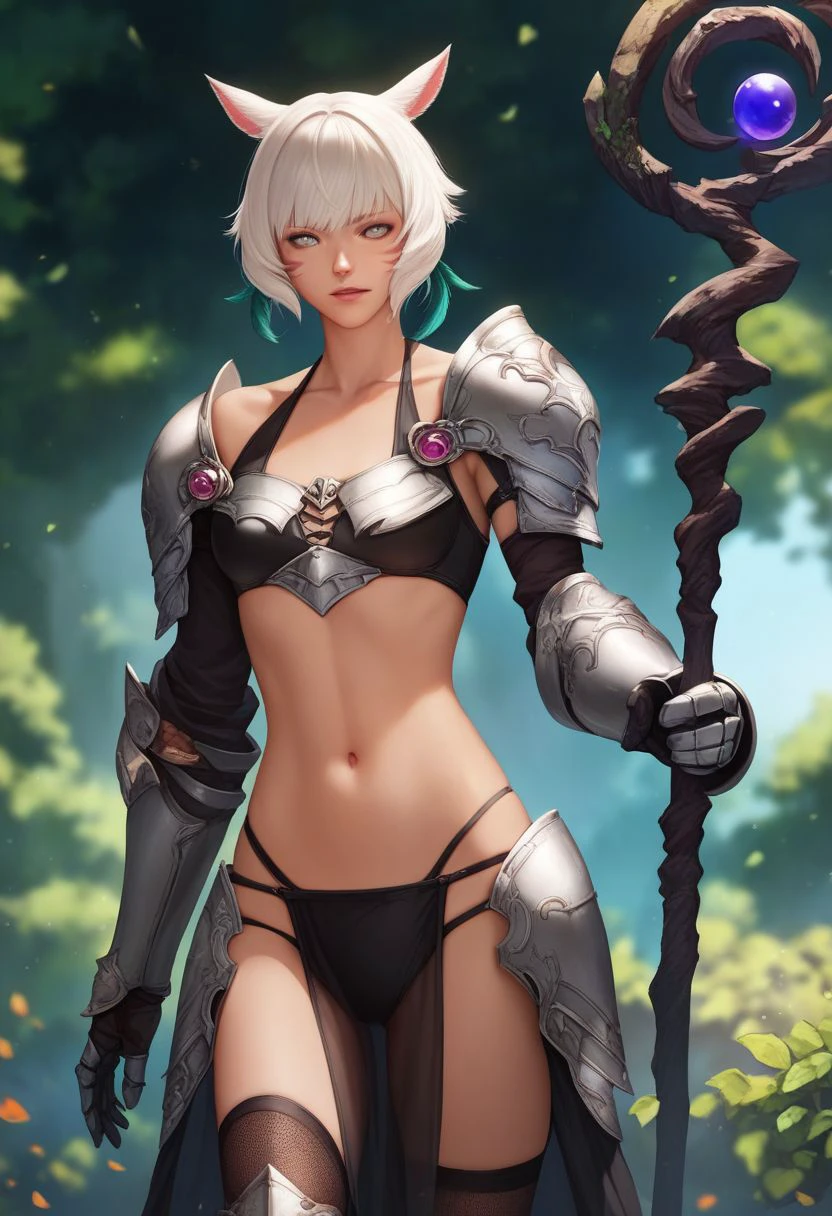 score_9, score_8_up, score_7_up, score_6_up, score_5_up, score_4_up, source_anime,
y'shtola rhul, white hair, short hair, grey eyes, feather earrings,
pauldrons, collarbone, 
bikini armor, black bikini, 
gauntlets, 
pelvic curtain, see-through, 
armored thighhighs,
holding staff,
cowboy shot,
outdoors, blurry background,
<lora:yshtola_rhul:1>