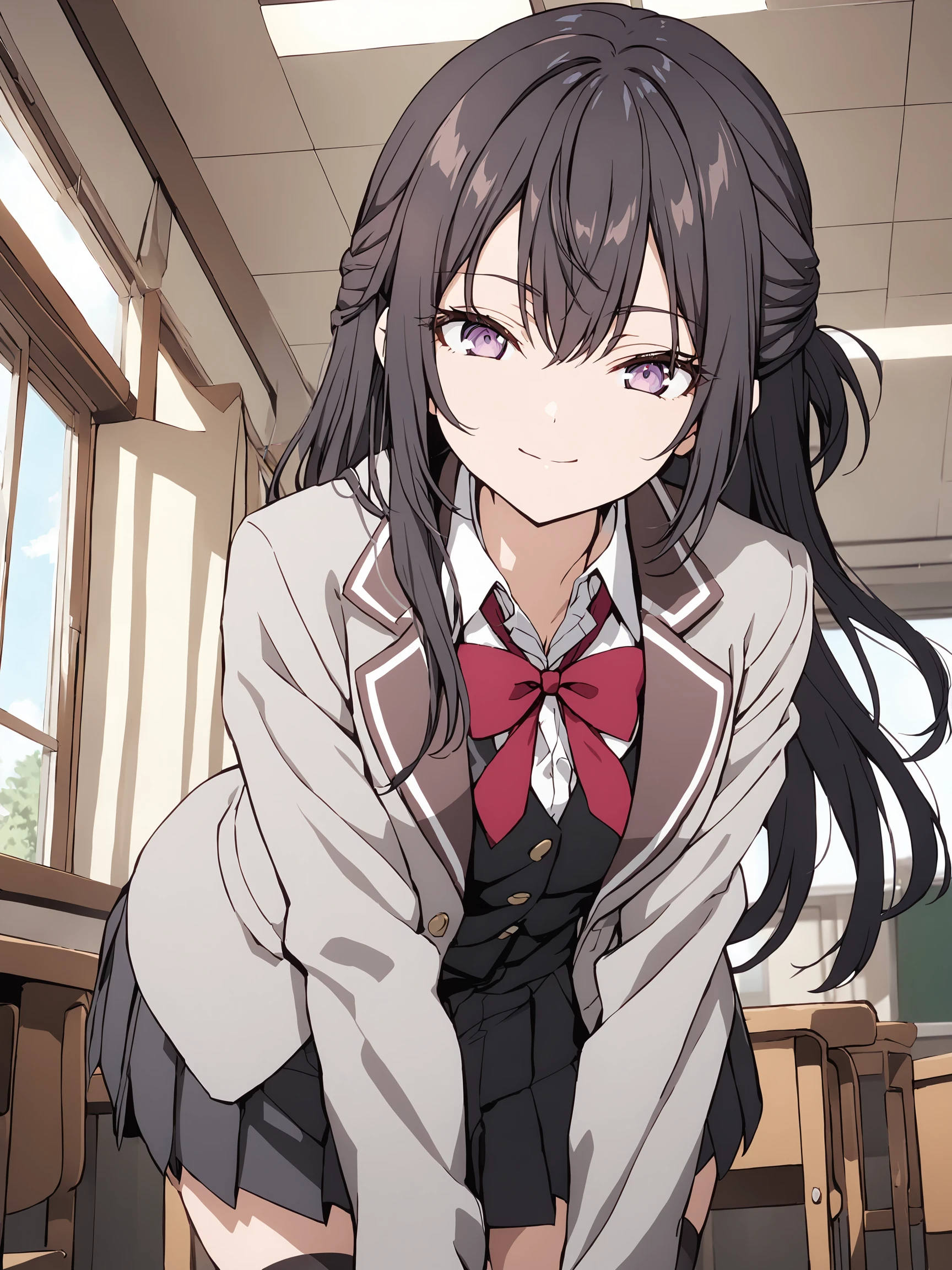 suouyuki_imoto, purple eyes, black hair, long hair, half updo,
1girl, solo, full body, looking at viewer, cowboy shot, indoors, classroom, windows, blue sky, inviting, light smile,
leaning forward, arms at back, hand to mouth, school uniform, grey jacket, open jacket, long sleeves,
red bow, white shirt, collared shirt, black vest, button, black dress, black thighhighs,
best quality, masterpiece,
<lora:hinaAlyaMashaYuki_sdxl_wifu_v1:1>