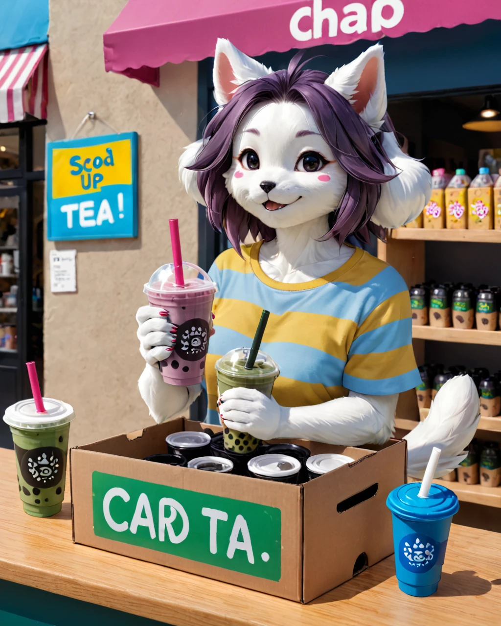 score_9, score_8_up, score_7_up, score_6_up, rating_safe, t3mmie, striped shirt, hair, anthro, shop, caardboard box, paint, bubble tea, paws,  <lora:Temmie:1>