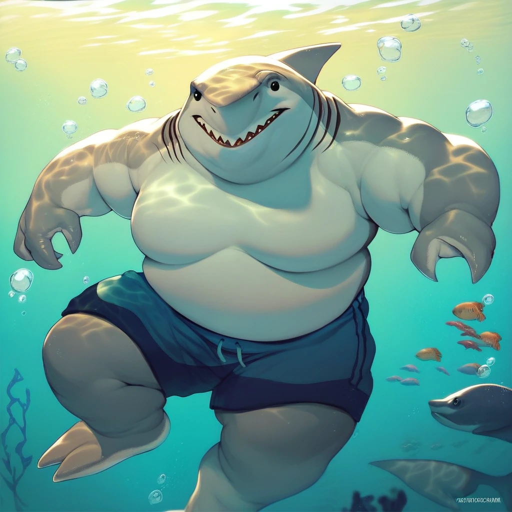 score_9, score_8_up, score_7_up, score_6_up, score_5_up, score_4_up, king shark, shark, anthro, fat, three toes, in the ocean, swimming, looking at viewer, underwater, sea background