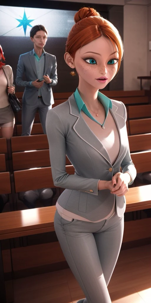 Hyperrealistic, perfect face, expressive strong cyan eyes, photorealistic, super detailed, (gray jacket), (gray trousers), body like in real life, large pores, tall, light-skinned, beautiful arms, beautiful legs, standing on a stage, unreal engine, cinematic lighting, bokeh, droped shadow, octane render, <lora:add_detail:0.5>, <lora:Volumetric_lighting:0.6>, thin light pink lips, freckles, orange hair which she pulls back in a high bun, strong cyan eyes, Bustier, Caline, , <lora:2baf874f-84ac-4a70-939e-e7522d2575e2:0.7>