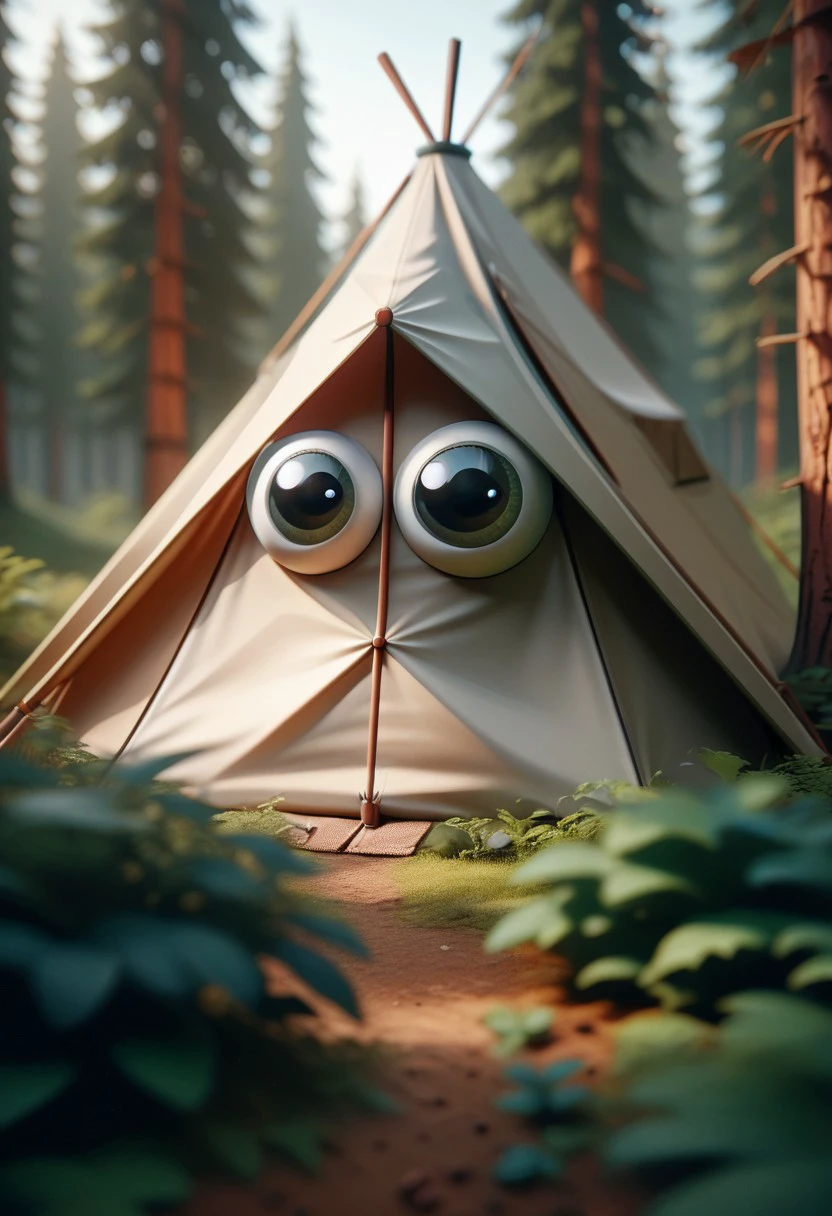 score_9, score_8_up, score_7_up, score_6_up, score_5_up, score_4_up, (r4r3style, low poly, googly eyes), tent, forest background, blurred background,