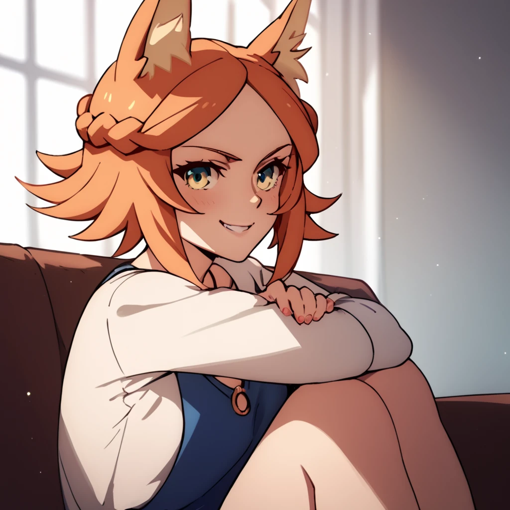 score_9, score_8_up, score_7_up, score_6_up, score_5_up, score_4_up, source_anime,  Wyndia, orange hair, fox girl, , smirk, sitting, portrait