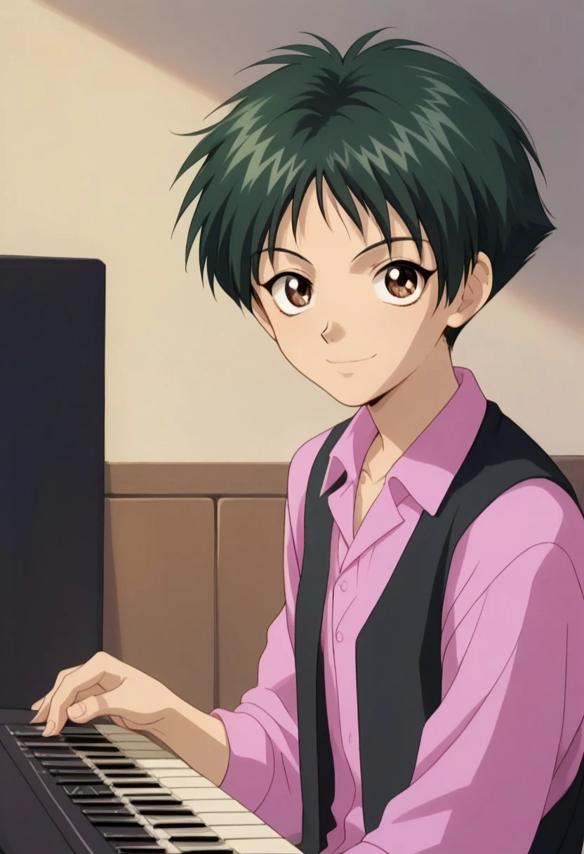 score_9, score_8_up, score_7_up, source_anime, highly detailed, 
sugurufujisaki, solo, brown eyes, short hair, 1boy, green hair, shirt,
pink shirt, collared shirt, vest, upper body, smile, indoor, sit, musical keyboard, playing instrument