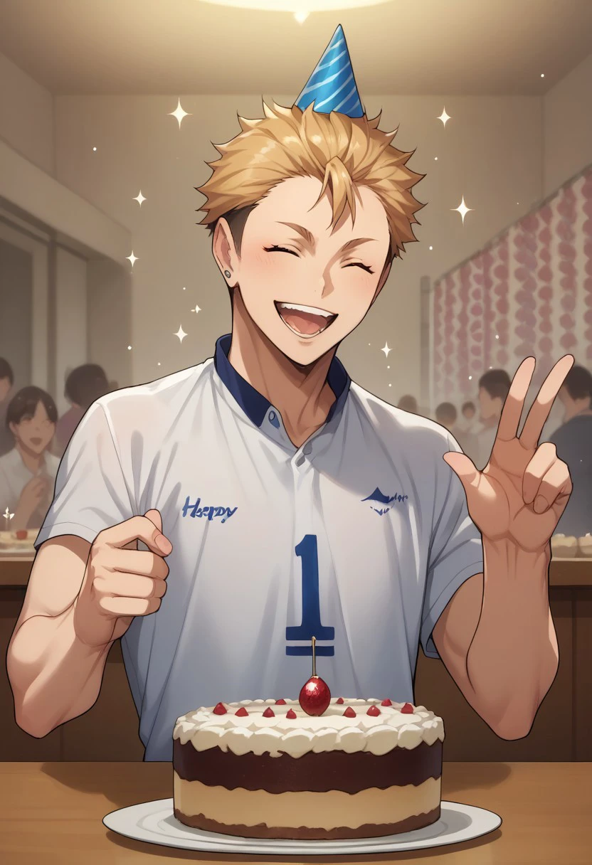 score_9, score_8_up, score_7_up, source_anime, rating_safe, sparkles effects, Yujaikyu, 1boy, male focus, closed eyes, casual clothes, party hat, open mouth, wide smile, teeth, upper body, hands with five fingers, happy birthday, cake on table, simple patterned background, cute wallpaper, happy-cheery,