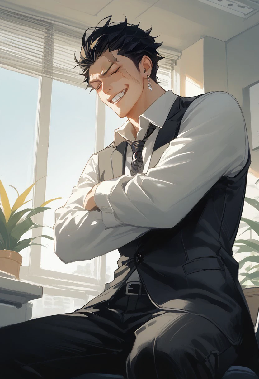 score_9, score_8_up, score_7_up, source_anime, rating_safe, sitting backwards, Siltail, 1boy, male focus, scar on face, black hair, earrings, suit, closed eyes, gritting teeth, frustrated, blurry indoor office, Expressiveh, from below, hands with five fingers, plant, window,