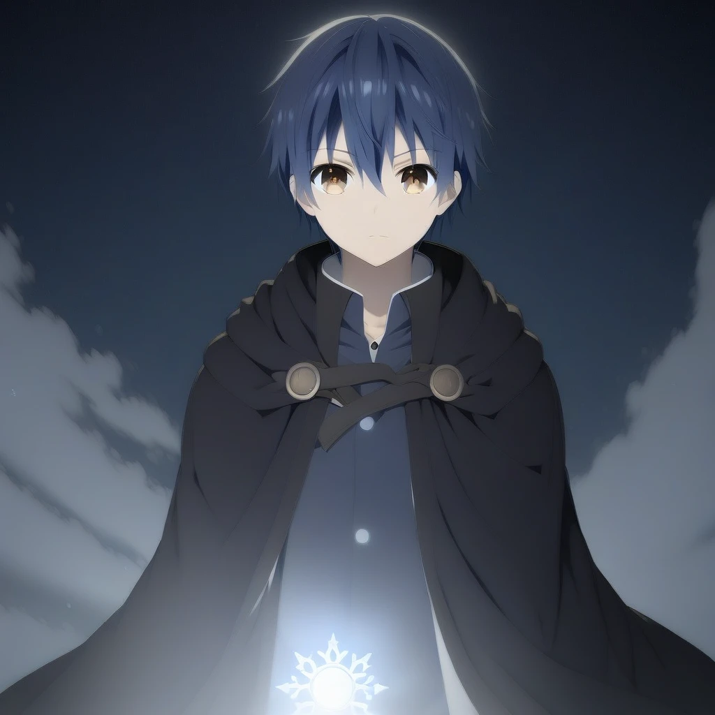 itsuka shido, 1boy, solo, male focus, blue hair, brown eyes, cloak, look at viewer, blow wind, lighting particle, strong rim light, starry sky, (moonlight), fog, snowflake, upper body,