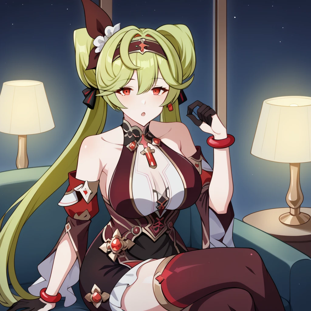 score_9_up, score_8_up, score_7_up, source_anime, masterpiece, best quality, 1girl, solo, Ai-chan, Ai_ReC, lamp, night time, sitting on couch, crossed legs, leaning forward, head rest, looking at you, curious, open mouth, maroon thighhighs, tilted head, long hair, green hair, red eyes, double buns, hair rings, twintails, black dress, sleeveless dress, maroon dress, black dress, sleeveless dress, halterneck, cleavage, red bracelet, red gems, jewelry, hair bow, detached sleeves, bare shoulders, maroon sleeves, black gloves, maroon skirt, see-through, mature body, dynamic cowboy shot, indoors, library background