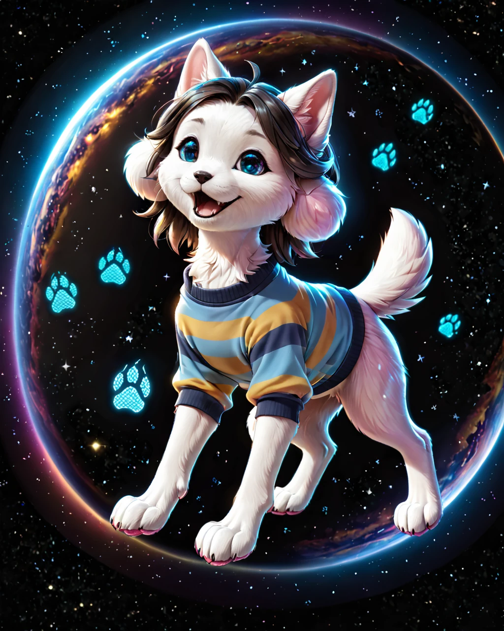 hologram of score_9, score_8_up, score_7_up, score_6_up, rating_safe, t3mmie, striped shirt, hair, feral, o o, paws,  <lora:Temmie:1> floating in space, a vibrant digital illustration, dribbble, quantum wavetracing, black background, behance hd